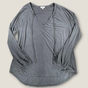 Dylan Gray Faux Suede Blouse Medium Balloon Sleeve Tie Neck Boho Top Soft